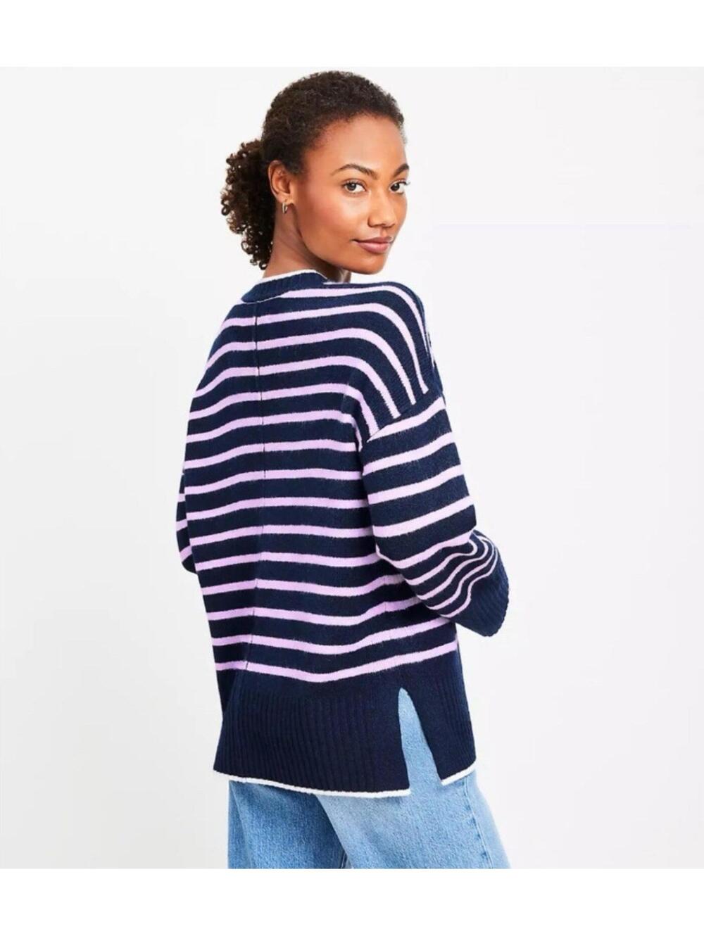 Loft NWT Women’s Sz L Striped Rib‎ Trim Tunic Sweater Lavender Purple White Navy